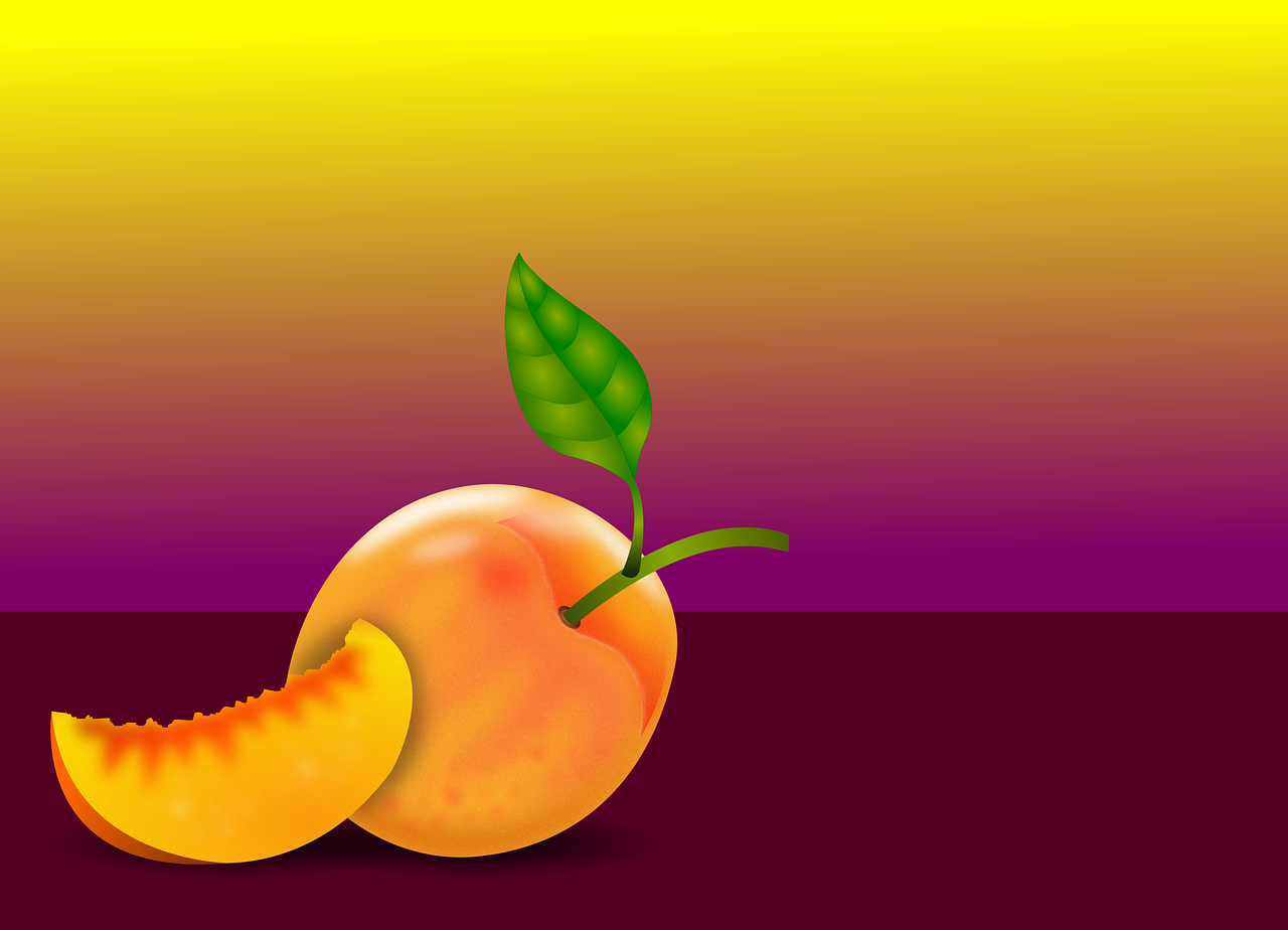 a couple of peaches sitting on top of a table, an illustration of, inspired by Koson Ohara, warm tone gradient background, with gradients, smooth illustration, yellow purple