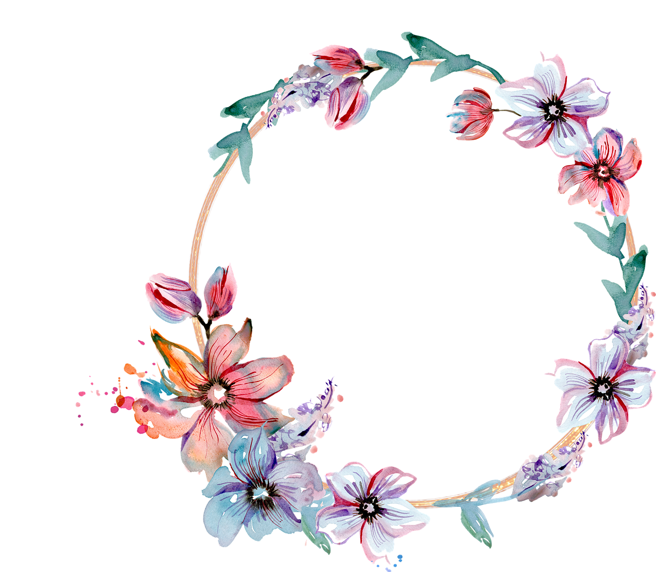 a wreath of flowers on a black background, a digital rendering, by Zofia Stryjenska, shutterstock, painted in bright water colors, jewelry design, round background, background image