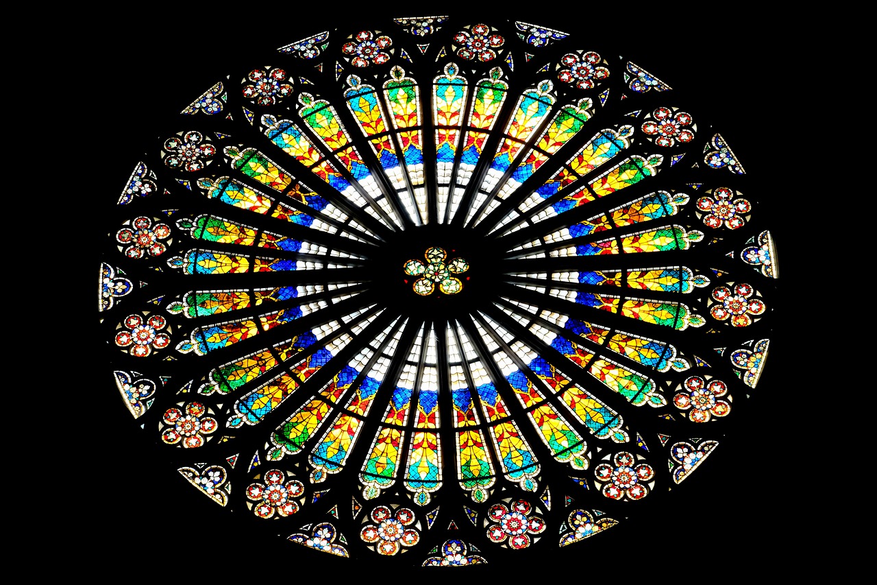 a circular stained glass window in a church, by Eugeniusz Zak, flickr, highly detailed and hypnotic, spire, johannes vormeer, wind rose