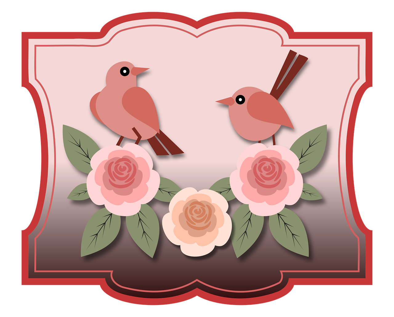 a couple of birds sitting on top of flowers, a digital rendering, card frame, rosette, reddish, pink and red color style