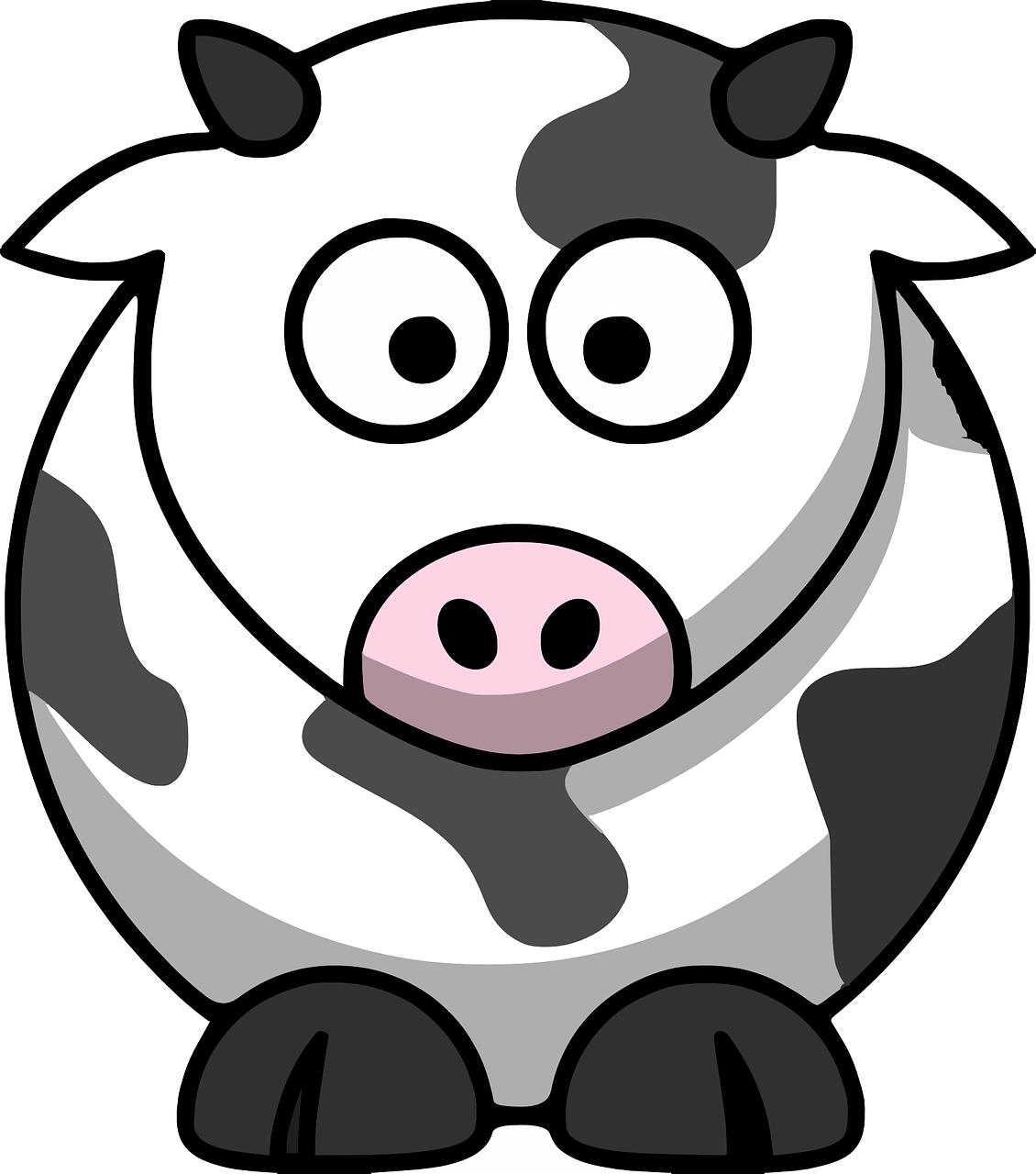 a black and white cow with a pink nose, a cartoon, pixabay, sitting down casually, black and white color, [ overhead view ]!!, cooky