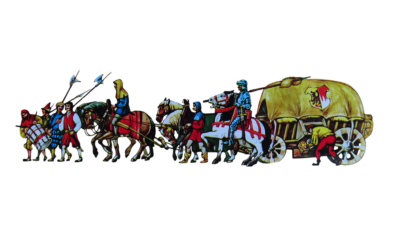 a group of men riding on the backs of horses, a digital rendering, by Peter Prendergast, flickr, with a black background, british stopmotion, crusade, vehicles