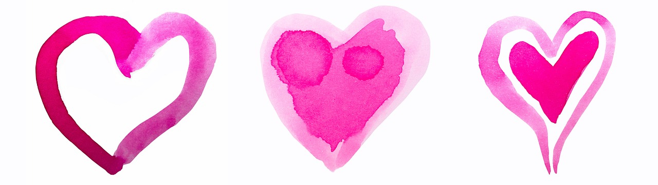 three watercolor hearts on a white background, pink nose, ffffound, high-res, hot pink