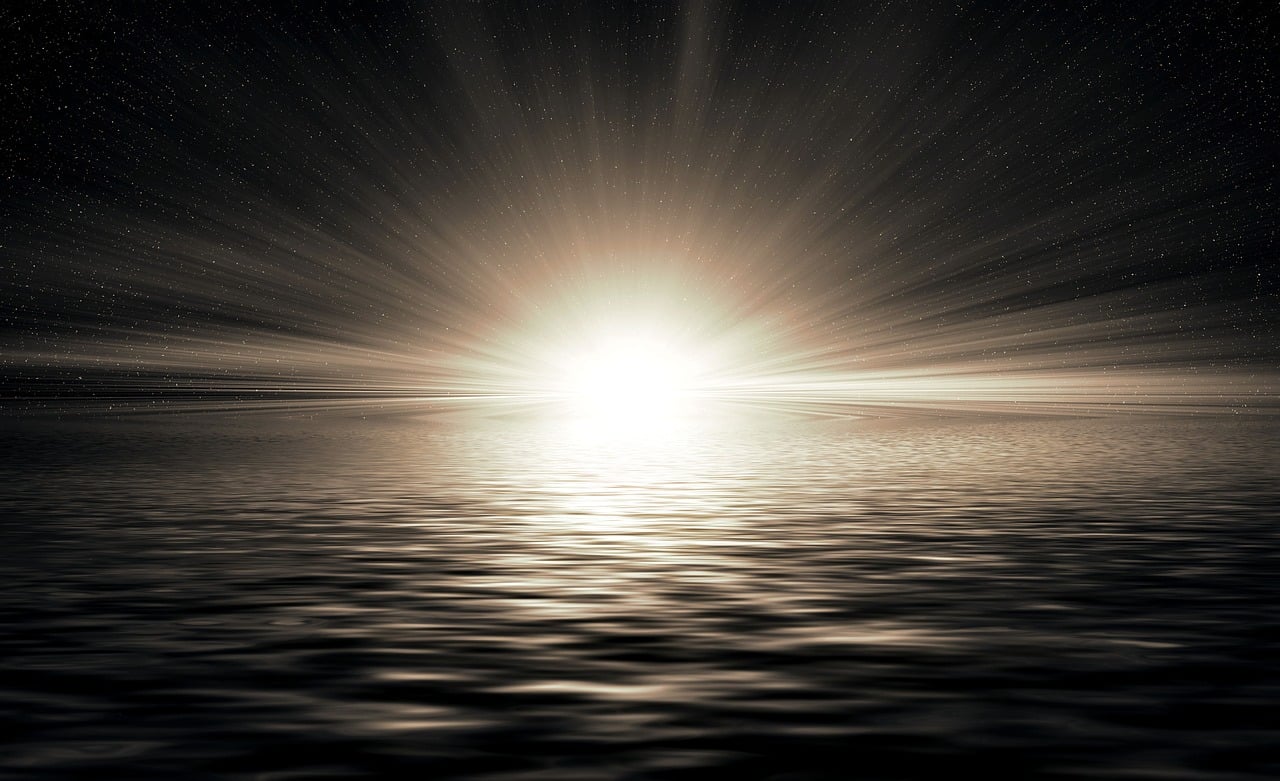 the sun is shining brightly over the water, an ambient occlusion render, light and space, astral night sky background, very beautiful photo, floating in a powerful zen state, sunset photo