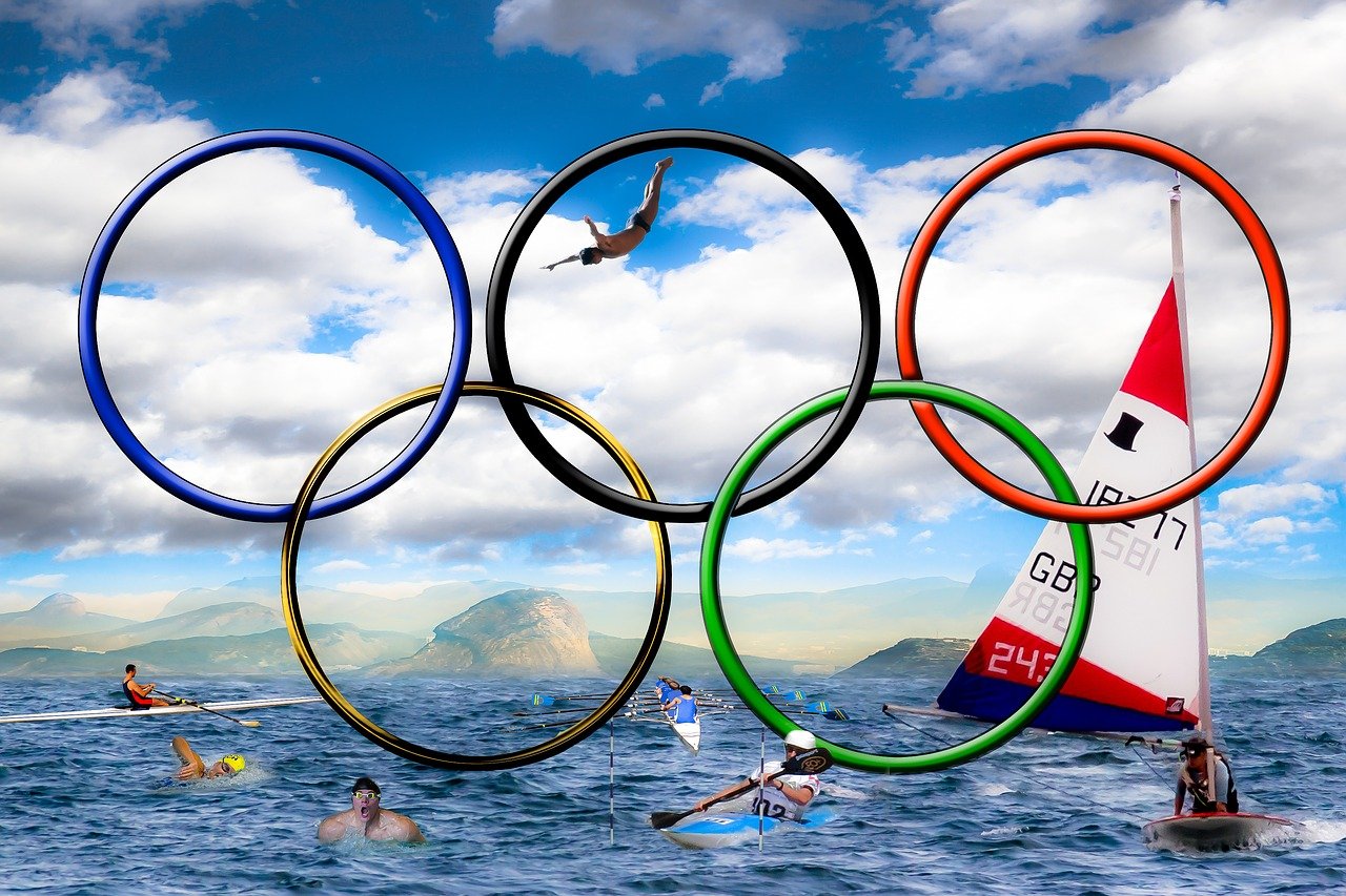 a group of people swimming in a body of water, a digital rendering, by Robert Medley, shutterstock, olympics ceremony, sailing ships, watch photo, technological rings