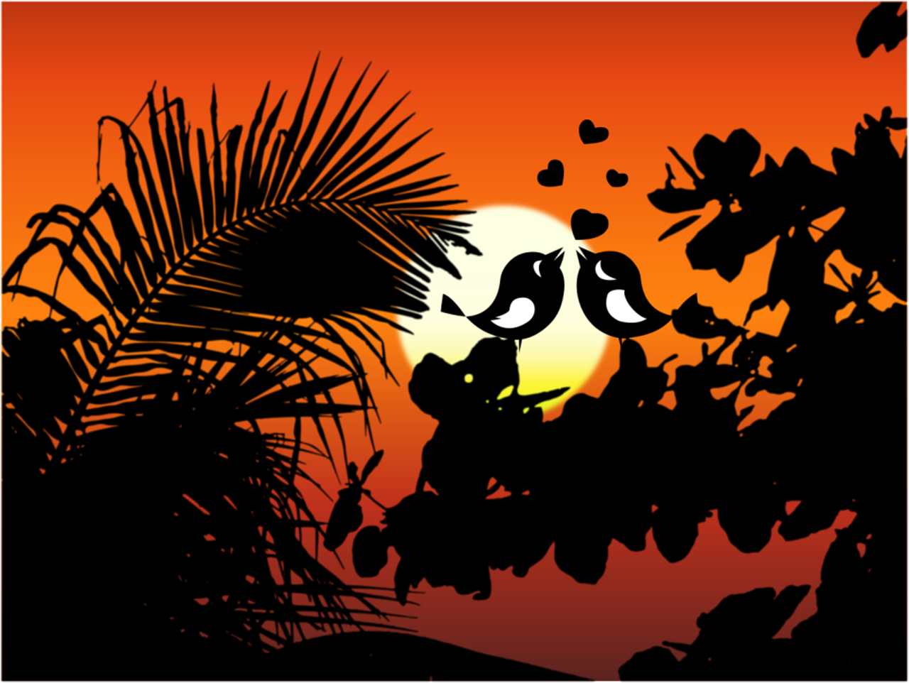 a black cat sitting on top of a tree, vector art, romanticism, tropical birds, sunset photo, kissing, mobile wallpaper