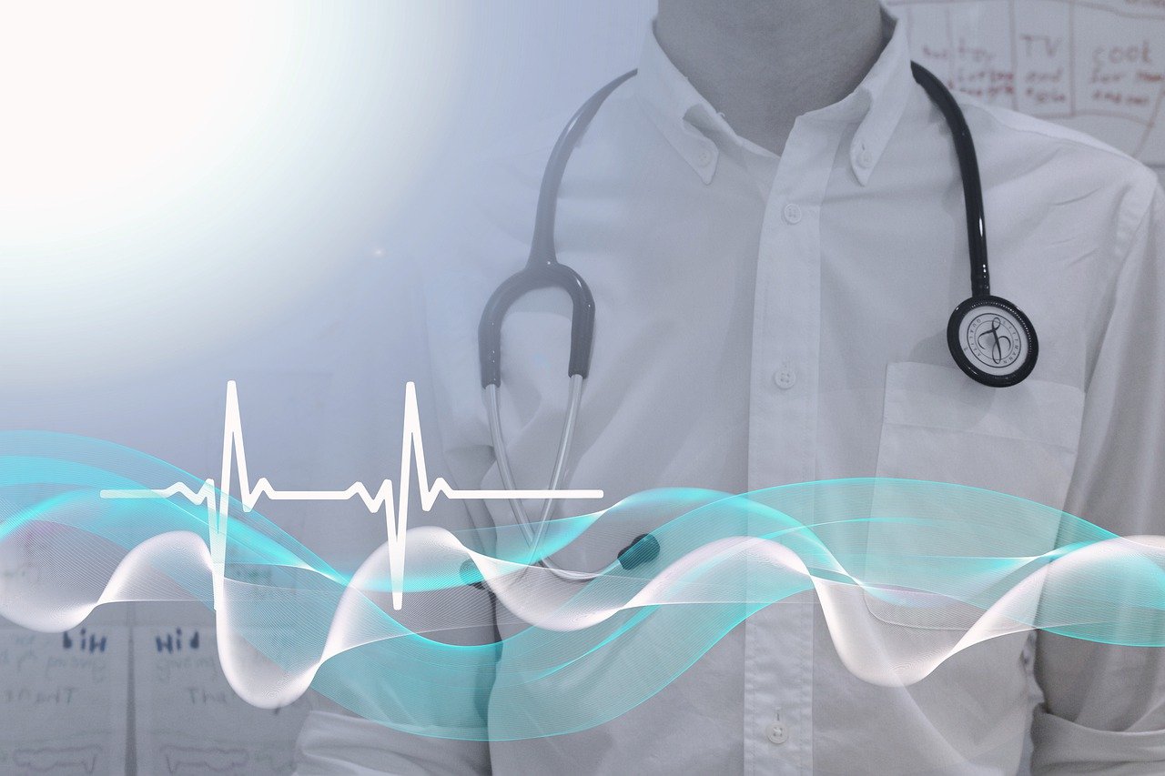 a close up of a person wearing a stethoscope, a picture, happening, website banner, vibration, hospital background, very stylized