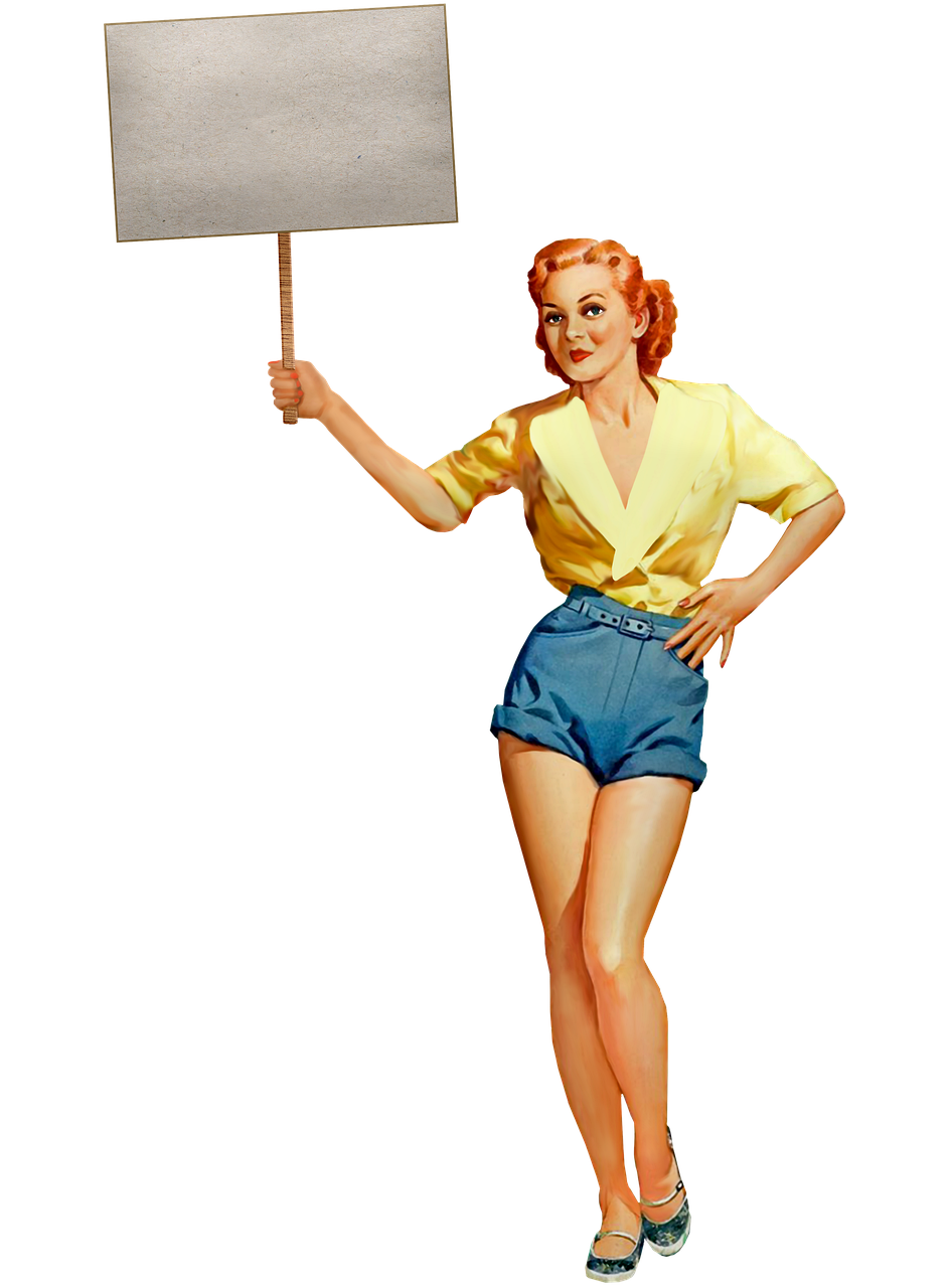 an image of a pinup girl holding a sign, by Dennis Ashbaugh, flickr, standing with a black background, wearing a camisole and shorts, vintage retro scifi, cardboard cutout