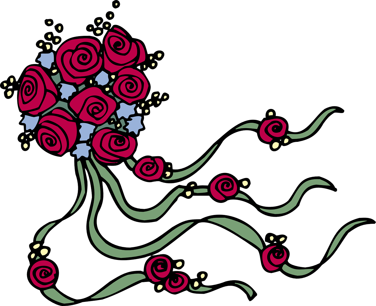 a bouquet of red roses on a black background, inspired by Georges Lacombe, deviantart, art nouveau, art nouveau curves and swirls, right side composition, loosely cropped, illustrated in whimsical style