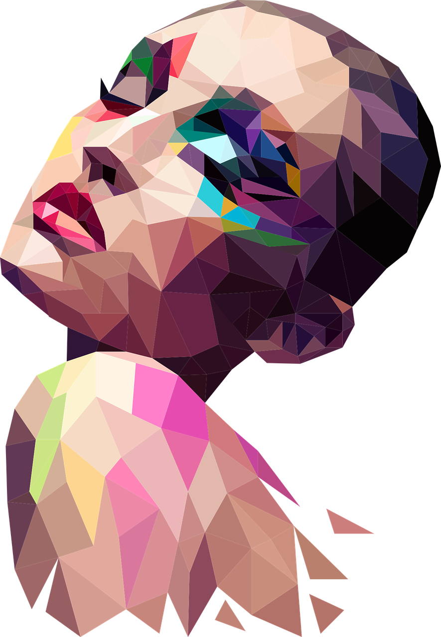 a close up of a woman's face on a black background, vector art, inspired by Gao Cen, shutterstock, digital art, faceted, colourfull, no gradients, 3d geometric abstract art