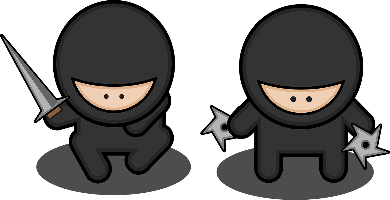 two ninjas standing next to each other, a cartoon, trending on pixabay, two men in black, they might be crawling, flash animation, kawaii swat team