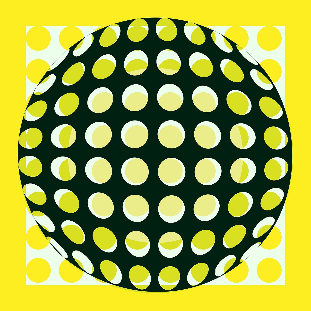 a black and yellow polka dot circle on a yellow background, a pop art painting, inspired by Victor Vasarely, glossy sphere, symmetry illustration, green and yellow, perforated metal
