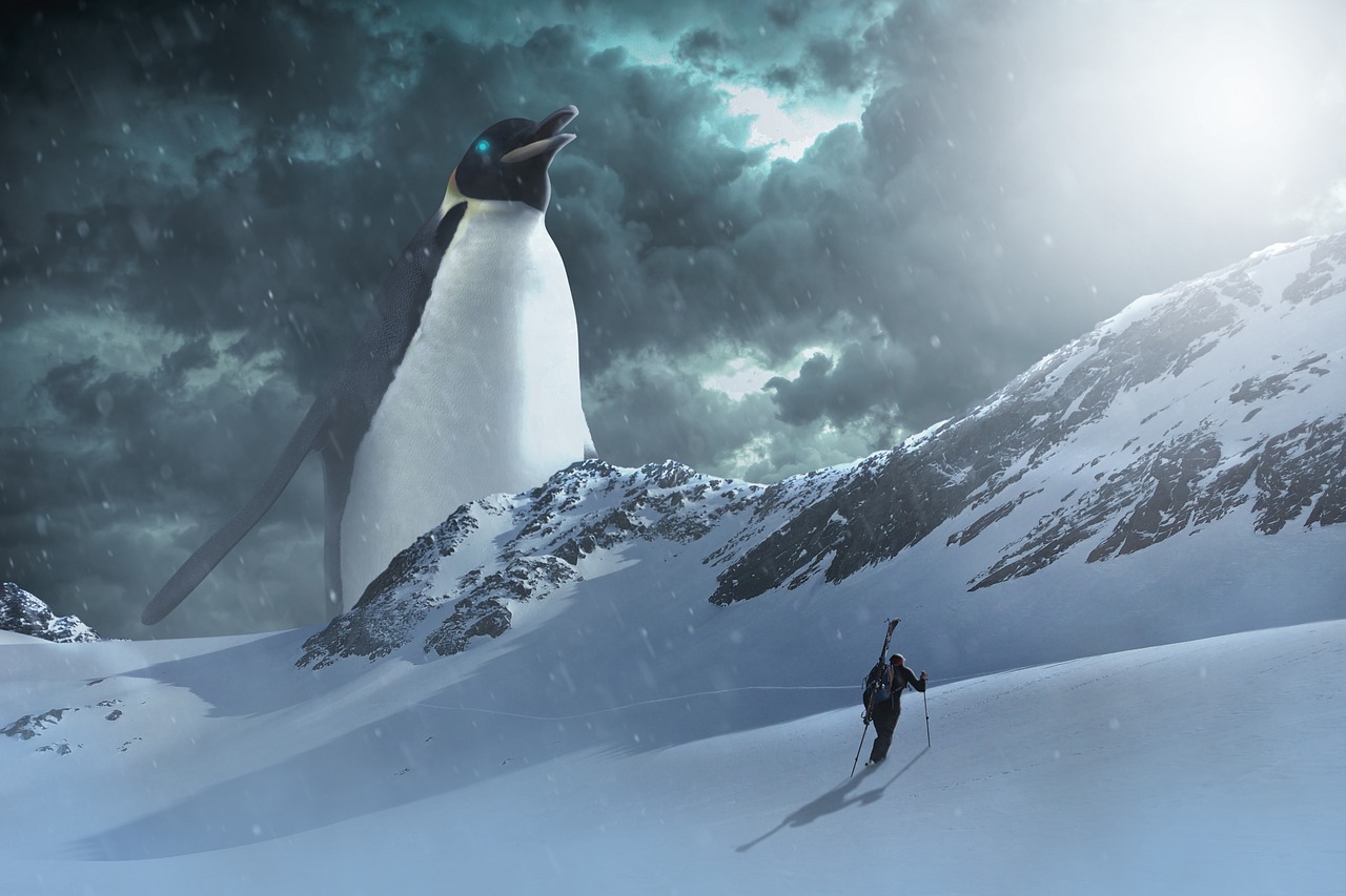 a man riding skis down a snow covered slope, a matte painting, inspired by Jean-Léon Gérôme, fantastic realism, anthropomorphic penguin, cool marketing photo, epic smooth illustration, andrey gordeev