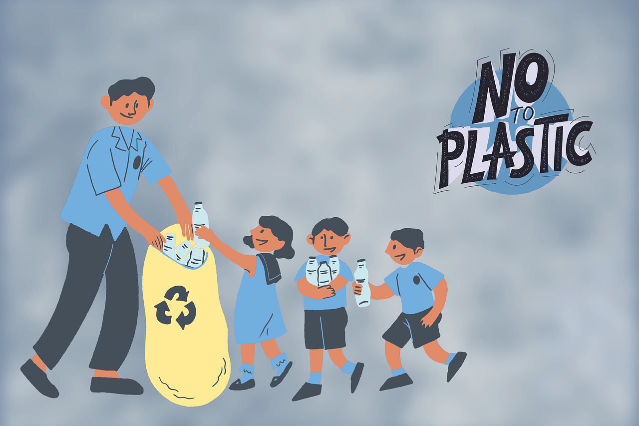 a man handing a bag of water to a group of children, an illustration of, shutterstock, plasticien, no logo, recycled, against dark background, 🎨🖌️