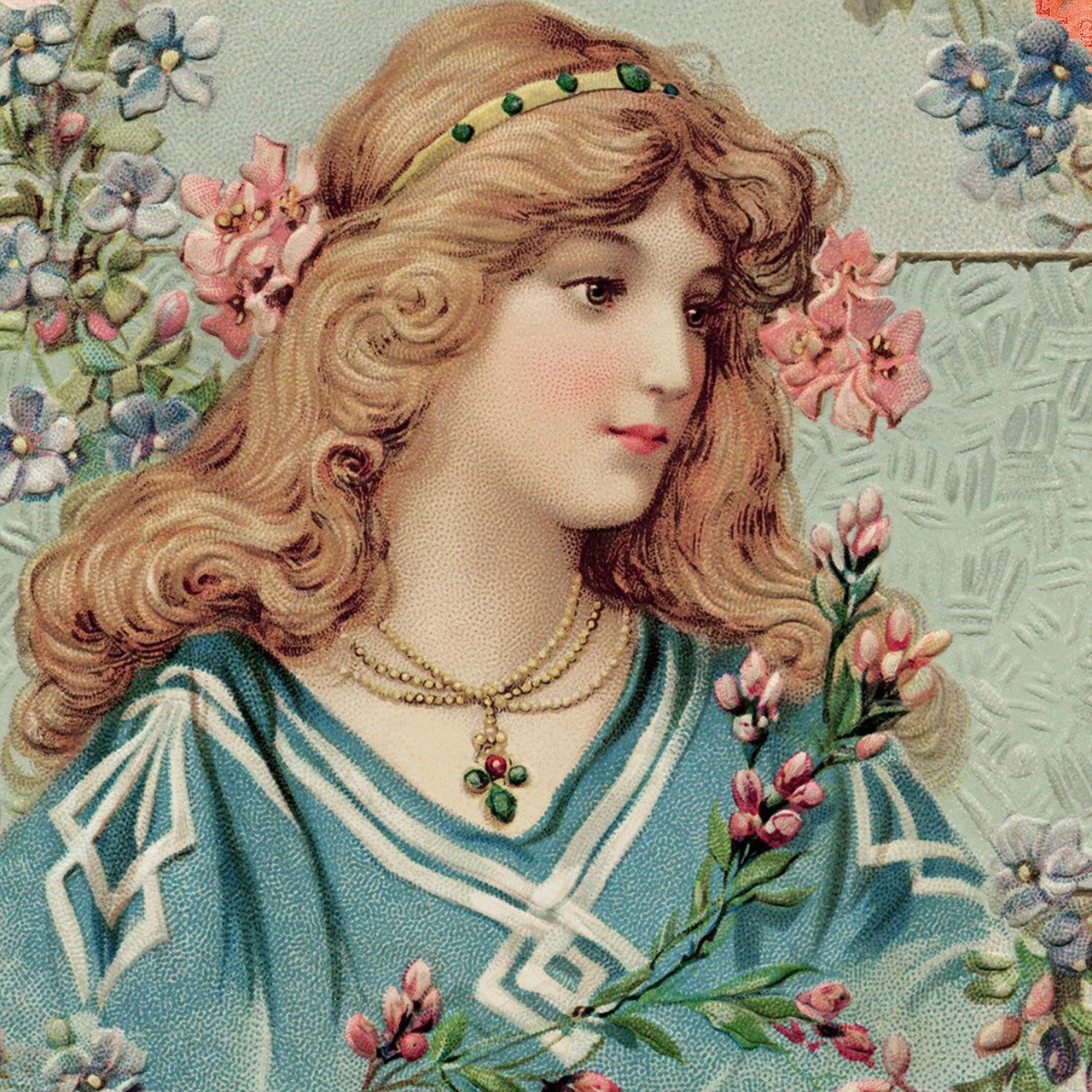 a picture of a woman with flowers in her hair, a digital rendering, inspired by Margaret Brundage, trending on pixabay, art nouveau, victorian blue dress, 1 8 th century spring ornaments, christian saint, teenage girl
