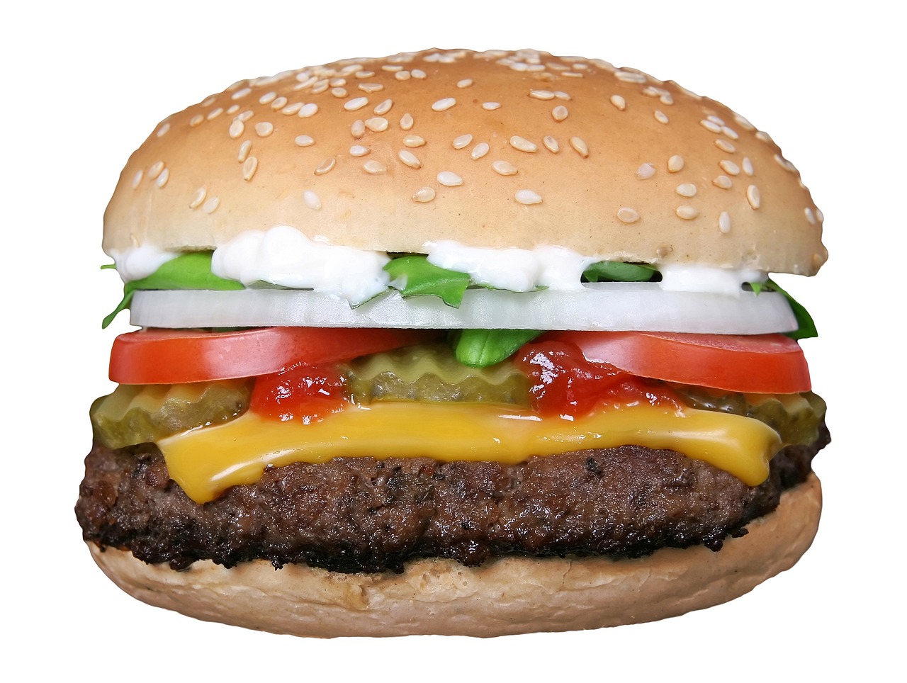 a hamburger with cheese, tomato and lettuce, a digital rendering, by Joe Bowler, pexels, hyperrealism, photograph credit: ap, round-cropped, stock photo, beef