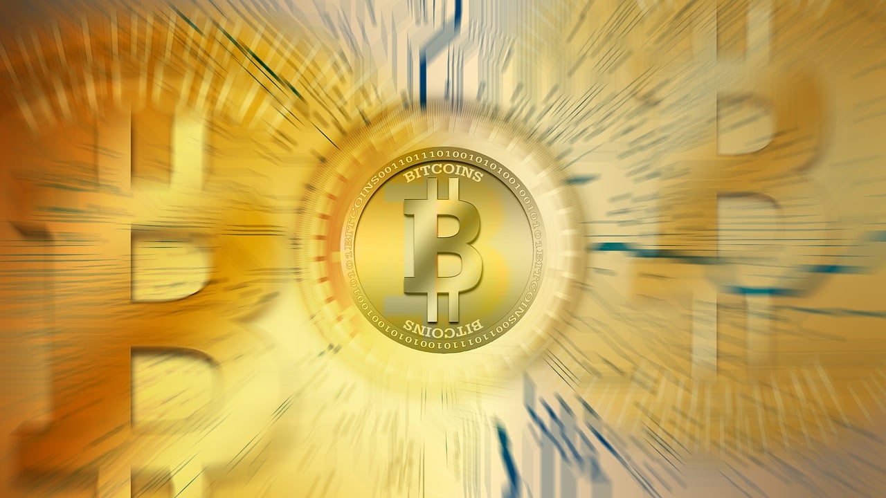 a bitcoin surrounded by other bitcoins, a digital rendering, by Bernard Meninsky, shutterstock, art deco, emanating and flowing energy, yellow background beam, heavy jpeg artifact blurry, at full stride