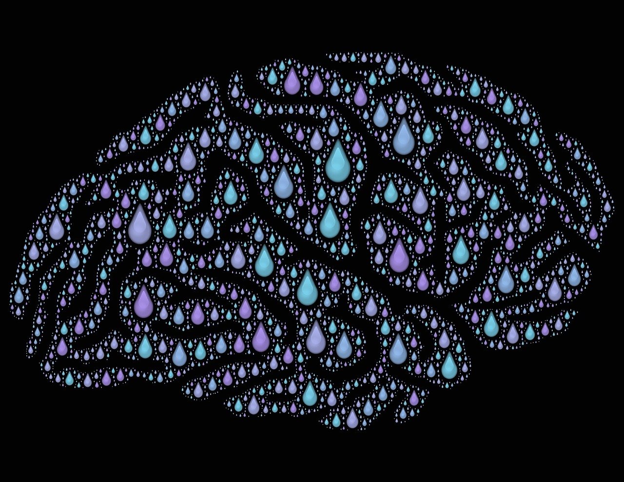 a brain made up of drops of water, digital art, on a flat color black background, blue purple aqua colors, glossy from rain, melting in coral pattern
