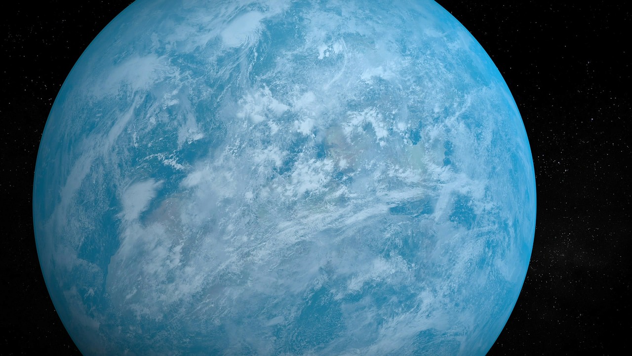 a blue planet with a star in the background, a detailed matte painting, reddit, satellite view, a daub of cold blue, planet overgrown, 2 0 5 6