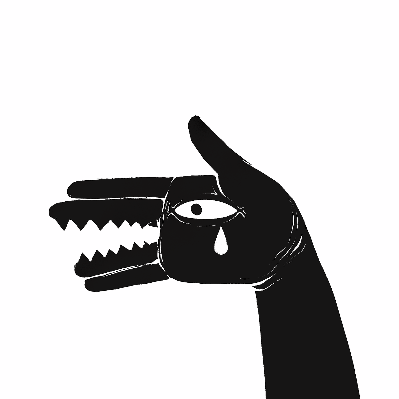 a black and white drawing of a hand holding a dog's mouth, a cartoon, by Alexis Grimou, tumblr, surrealism, tears drip from the eyes, vector illustration, black silhouette, half shark alligator half man