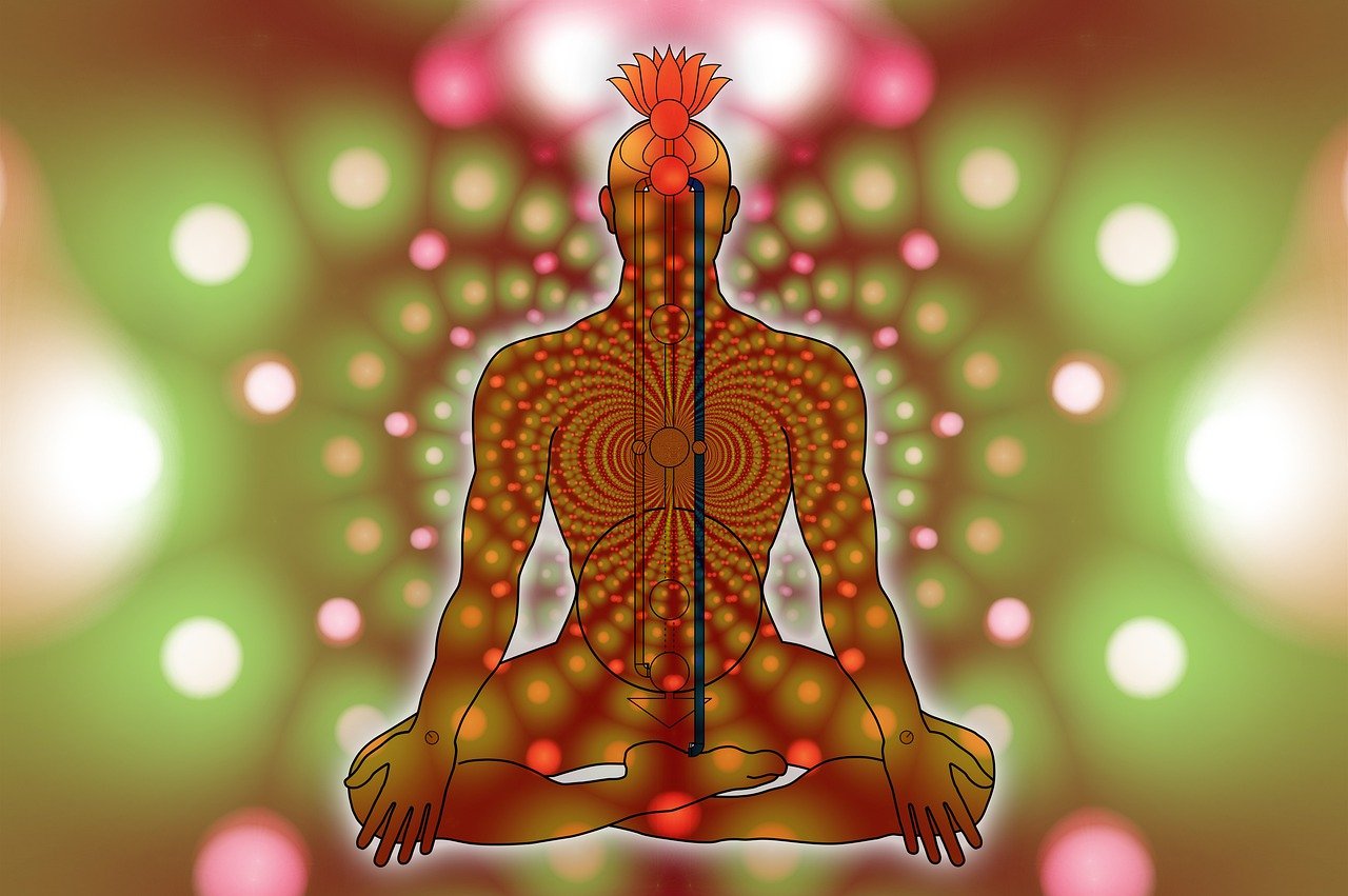 a drawing of a person sitting in a lotus position, a digital rendering, psychedelic art, red spike aura in motion, centered full body rear-shot, healing tubes, chakra diagram