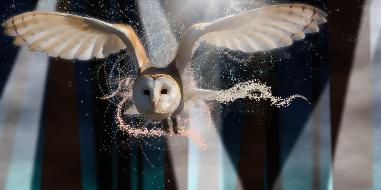 a bird that is flying through the air, digital art, deviantart contest winner, glowing white owl, iphone background, wip, owl wizard