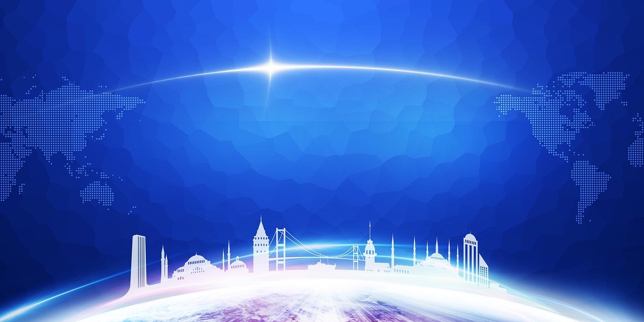 a view of the earth with a star in the sky, digital art, digital art, town center background, light blue background, ray trace 4k, background depicting a temple