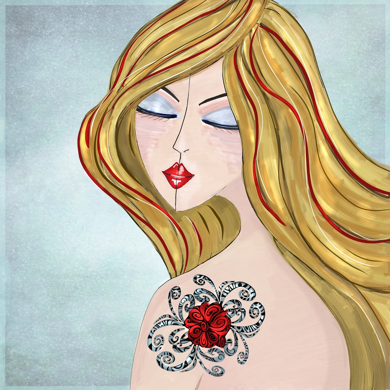a painting of a woman with a rose on her shoulder, inspired by Tina Blondell, digital art, mixed media style illustration, with long blond hair, full color illustration, diamond