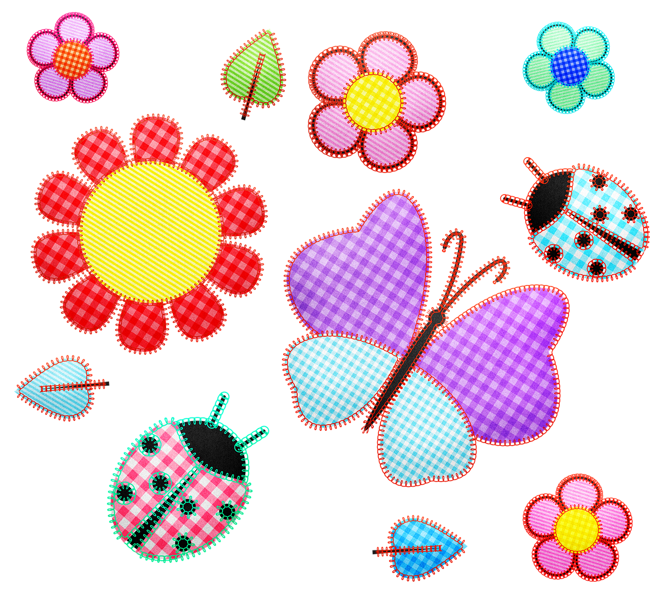 a collection of ladybugs and flowers on a black background, digital art, toyism, stitching, checkered motiffs, seasons!! : 🌸 ☀ 🍂 ❄, clip-art