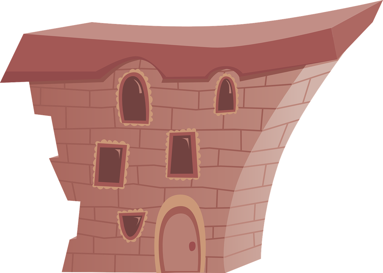 a castle like building with a brown roof, pixabay, conceptual art, courage the cowardly dog, upside - down building, 2d side view, wall
