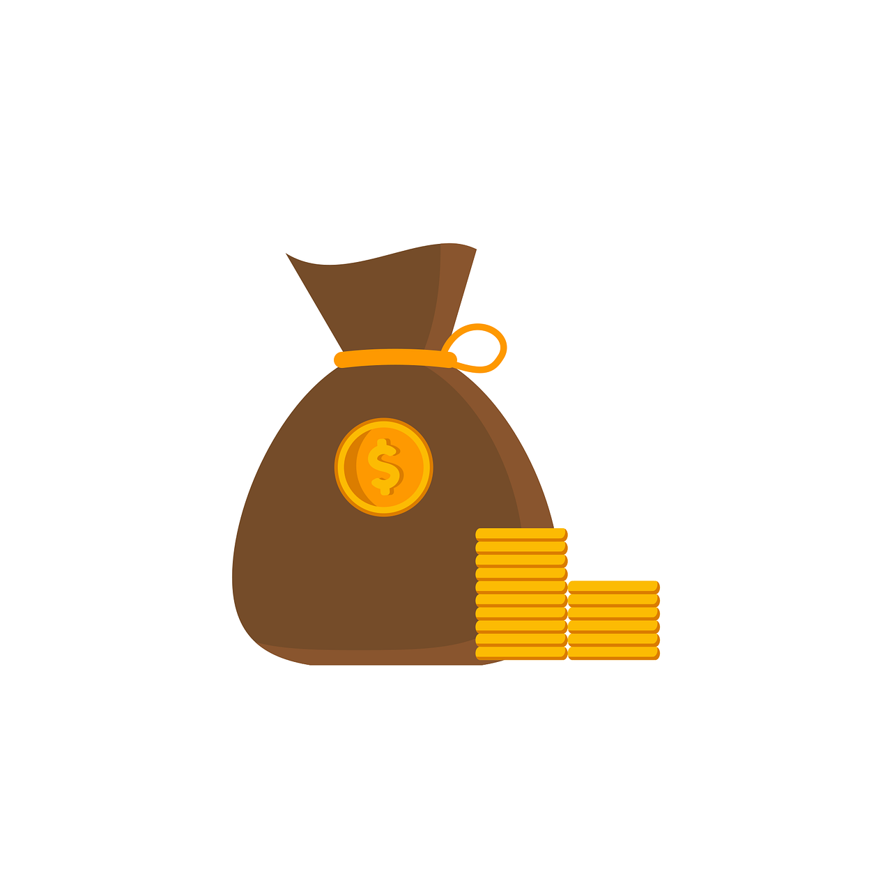 a bag of money and a stack of coins, an illustration of, minimalism, brown and gold, simple 2d flat design, courful illustration, on a white background