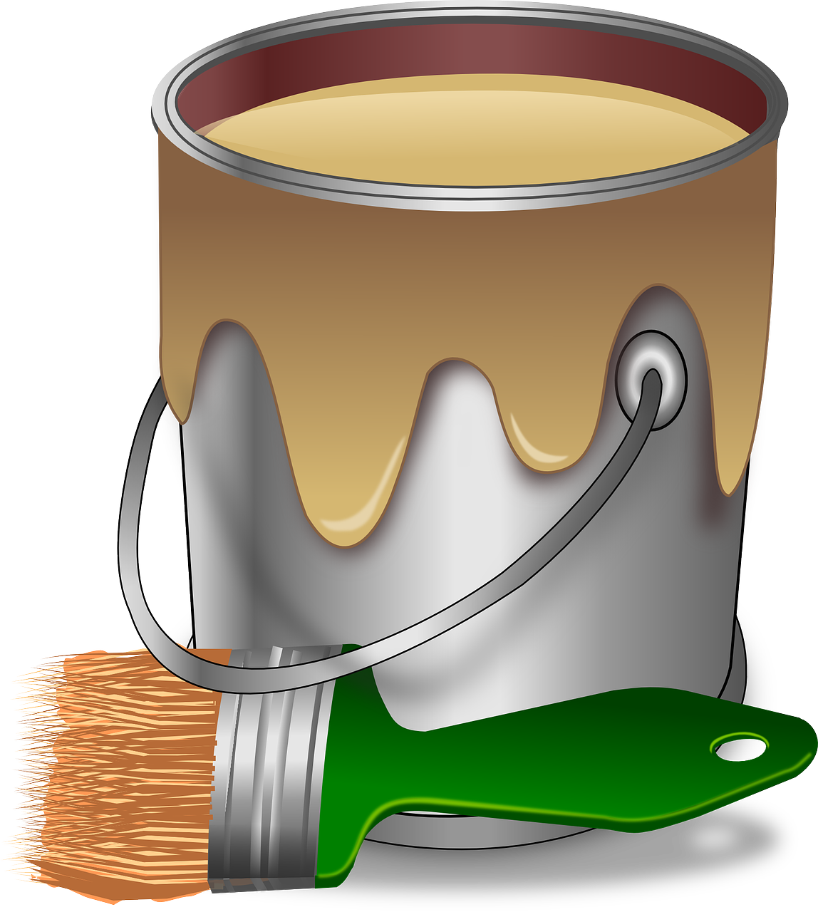 a paint can with a brush next to it, a digital painting, pixabay, cutout, construction, varnished, milk