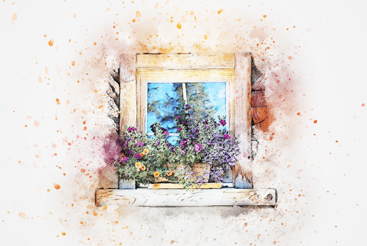 a painting of a window with flowers in it, a watercolor painting, shutterstock, mixed media style illustration, splash of color, a beautiful artwork illustration, window with flower box