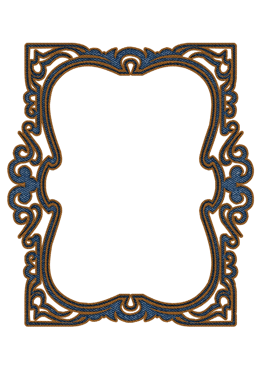 a blue and gold frame on a black background, a digital rendering, by Andrei Kolkoutine, behance, art nouveau, beaded embroidery, curvaceous. detailed, blue orange, fine lace