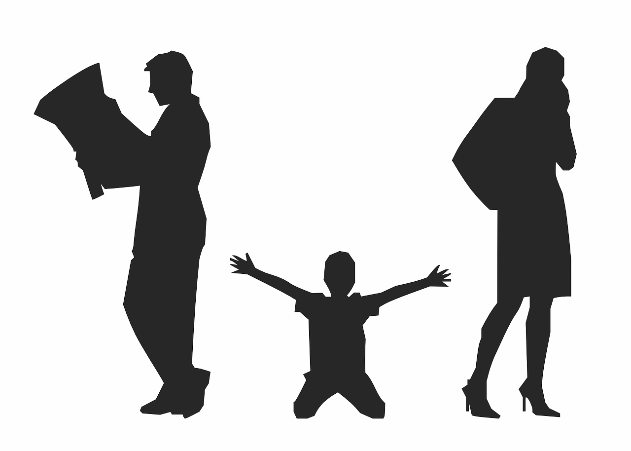 a silhouette of a man and a woman with a child, vector art, pixabay, figuration libre, interrupting the big game, istock, various scenarios, distrustful and arrogant