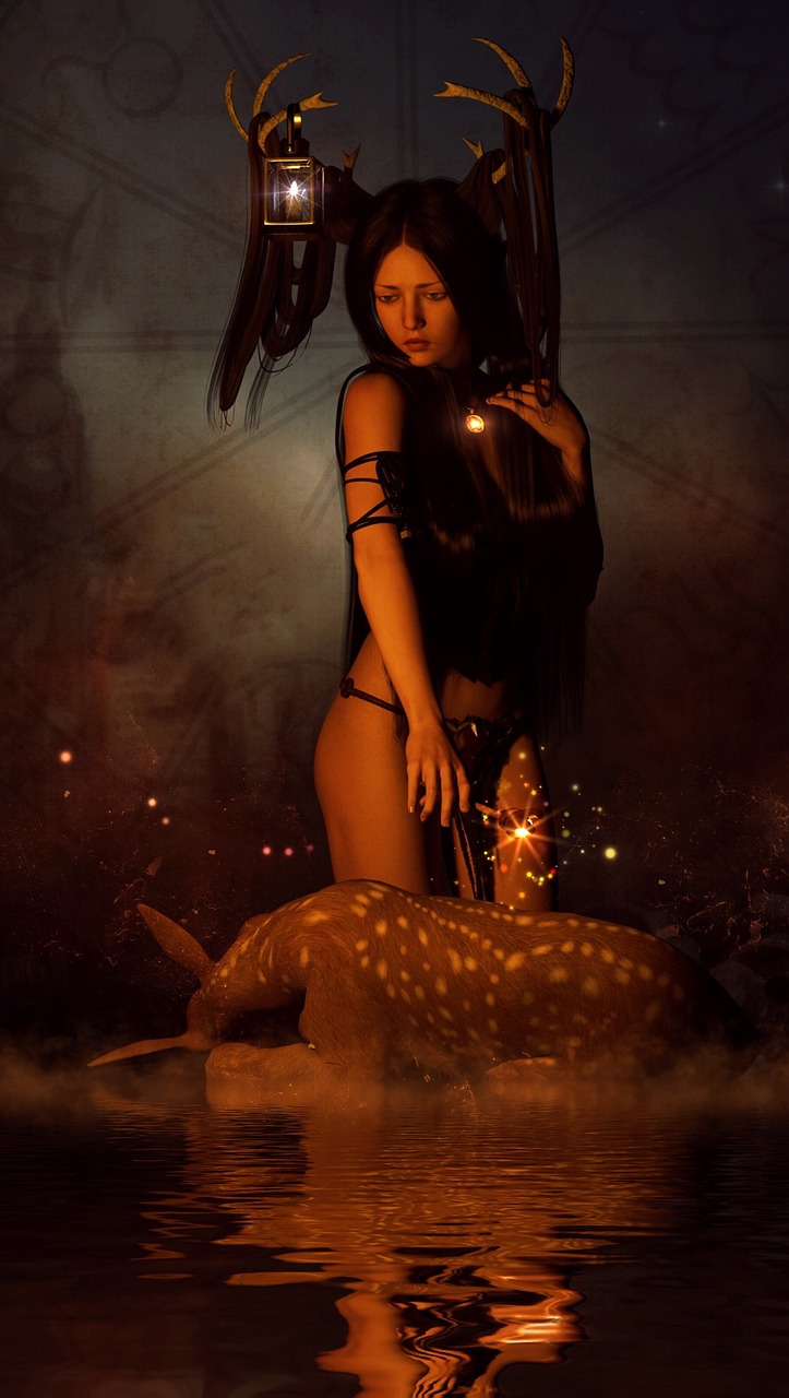 a woman standing next to a deer on a body of water, digital art, inspired by Luis Royo, shot at night with studio lights, witch burning, madison beer as leeloo, natalie shau