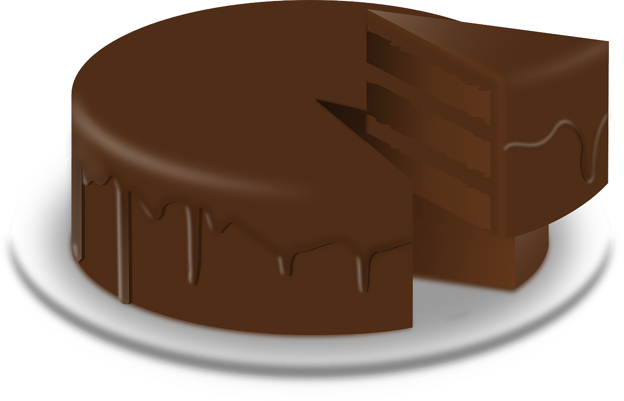 a chocolate cake with a slice taken out of it, deviantart, [ digital art, on a plate, ebony, 3/4 side view