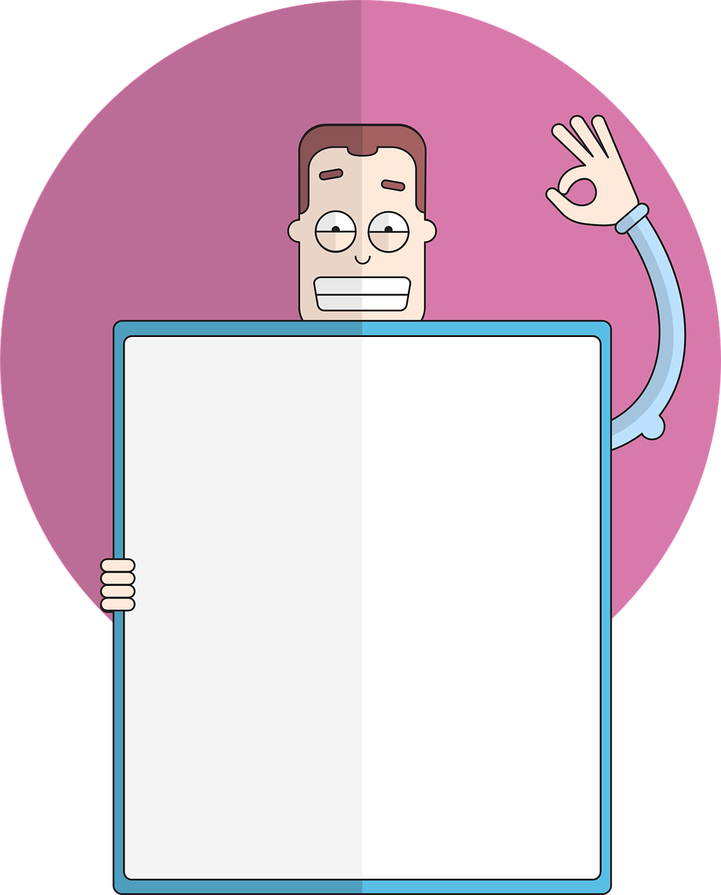 a man holding a sign in front of his face, a cartoon, computer art, whiteboards, abstract people in frame, rounded corners, sleek design
