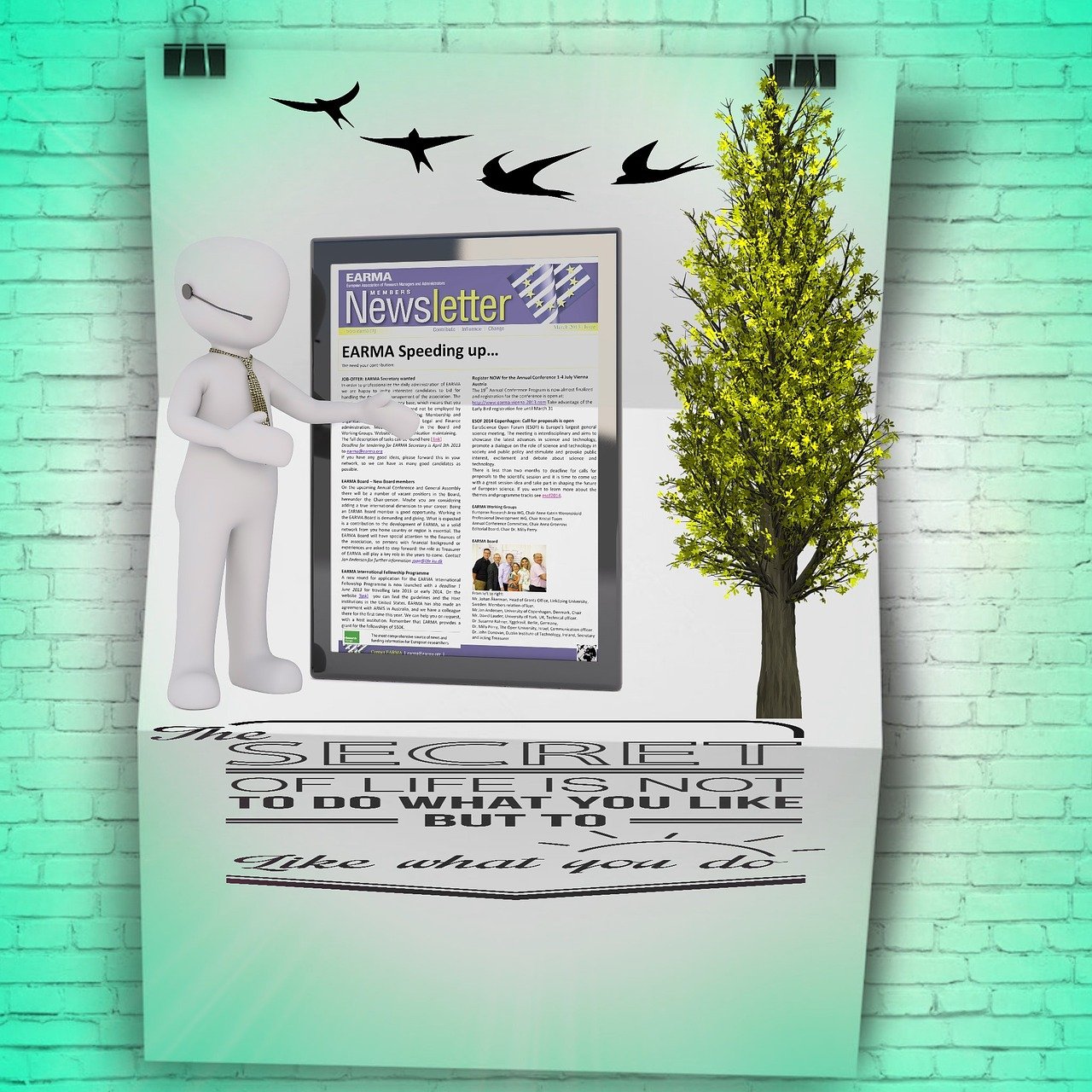 a newspaper hanging on a brick wall next to a tree, a poster, inspired by Robert Zünd, digital art, took on ipad, 3 d render n - 9, in simple background, very inspirational