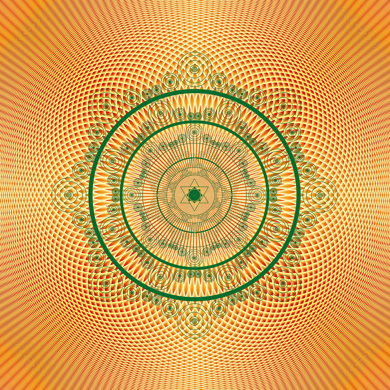 a circular design on an orange background, a digital rendering, op art, gold and green, sacral chakra, guilloche, the platonic ideal of flowers