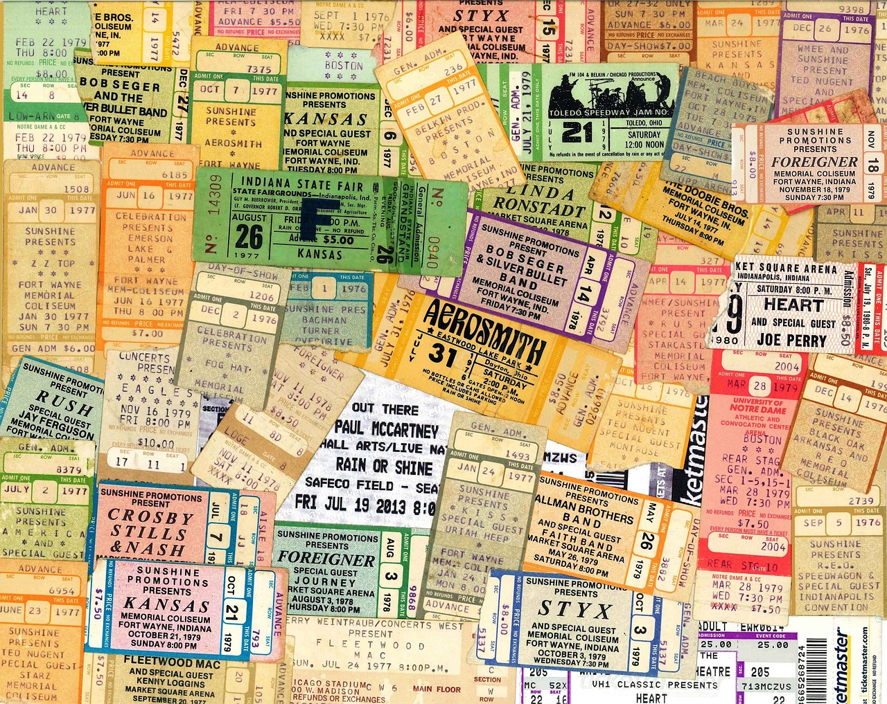 a bunch of tickets sitting on top of a table, a photo, by David Burton-Richardson, synthetism, detailed color scan”, movie posters, woodstock, !!highly detailed!!