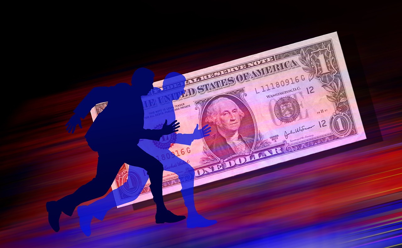 a silhouette of a man carrying a money bill, a digital rendering, sports photo, high speed chase, wikihow illustration