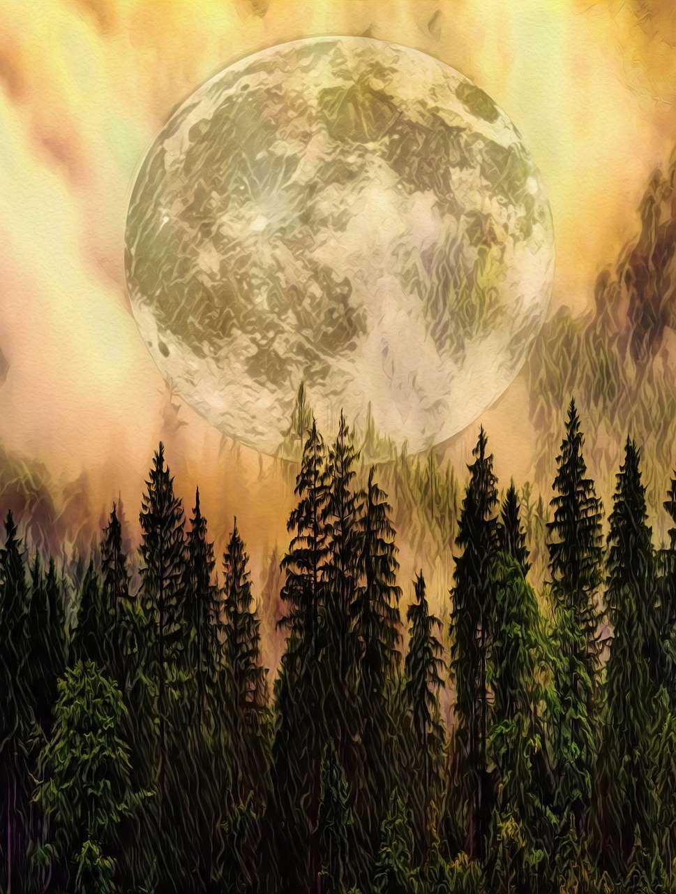 a painting of a full moon with trees in the foreground, a digital painting, metaphysical painting, fir forest, with a yellow green smog sky, in style of digital painting, forest fire