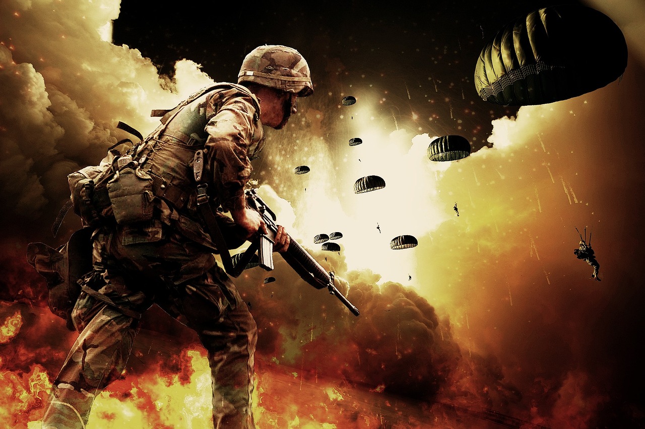 a soldier holding a gun in front of a bunch of parachutes, flickr, digital art, [explosions and fire], us soldiers, decisive moment, photoshop