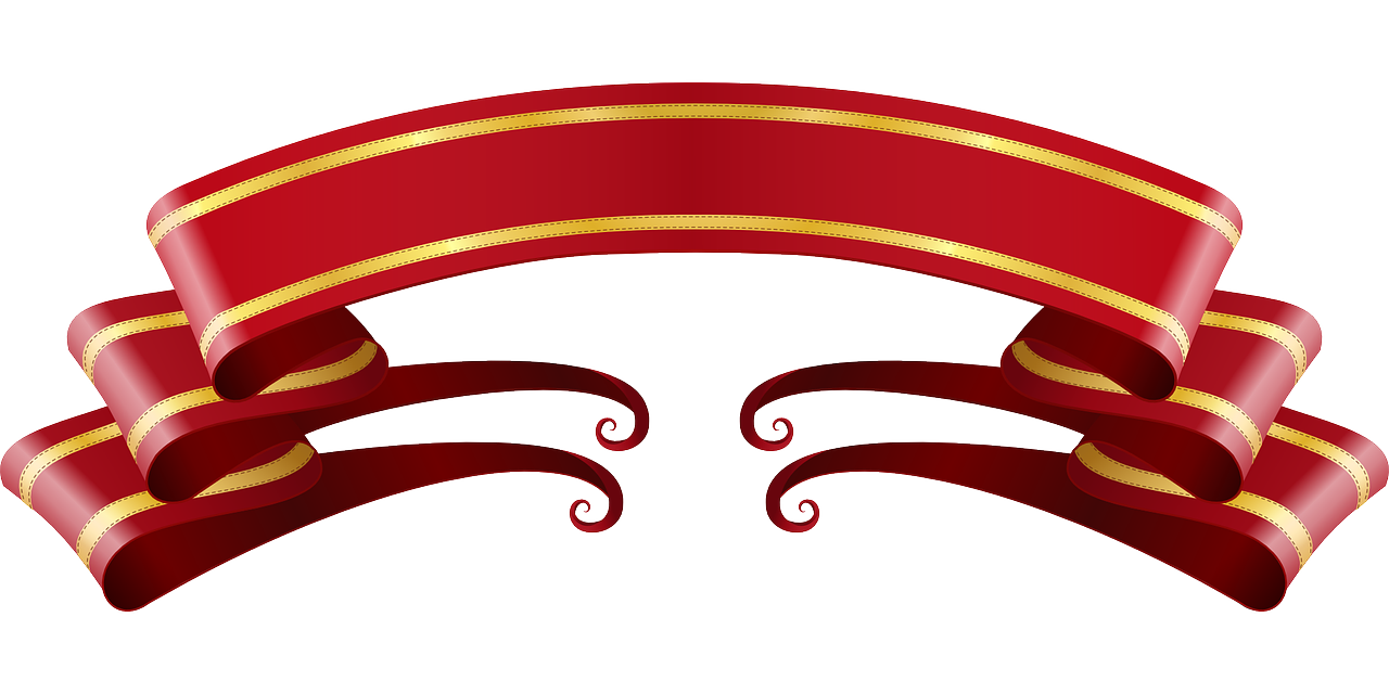 a red and gold ribbon on a white background, a digital rendering, inspired by Shūbun Tenshō, sōsaku hanga, wine red trim, curved bridge, roman style, circus