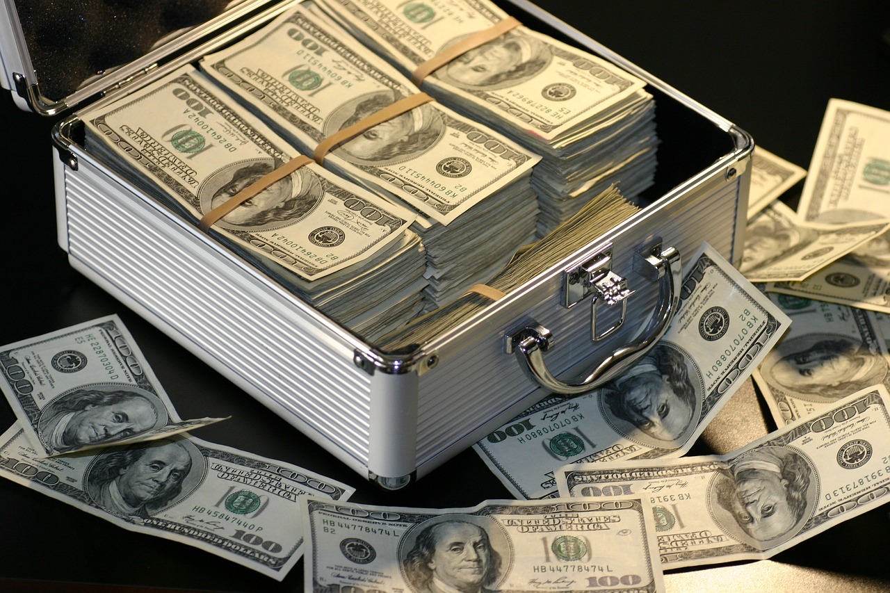 a suitcase full of money sitting on top of a table, a portrait, by Siona Shimshi, pixabay, hurufiyya, extremely high detail!!, dollar bills body horror, high res photo, super rich