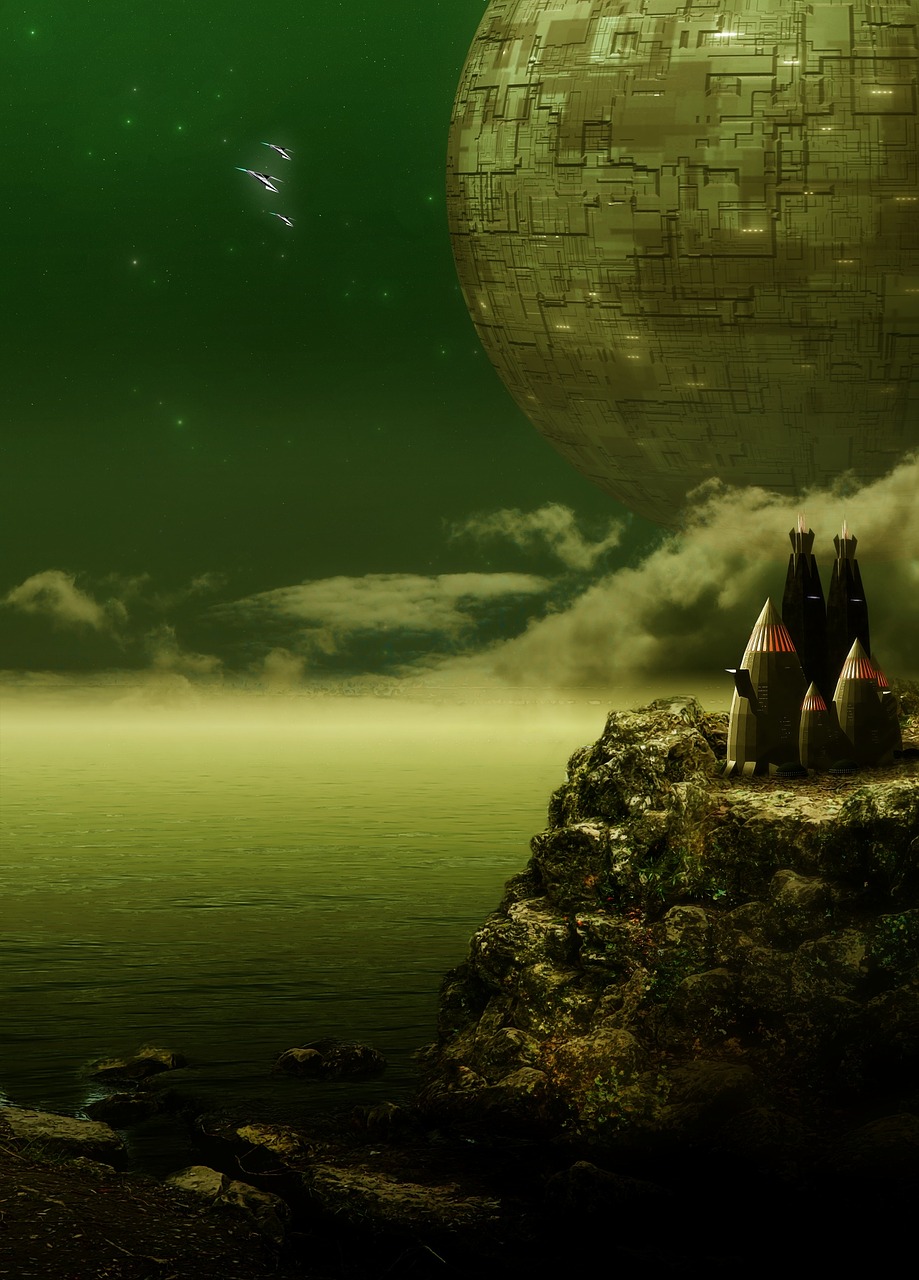 a couple of people sitting on top of a cliff, inspired by Stephan Martiniere, fantasy art, photo of a dyson sphere, vertical wallpaper, bonestell, gas station in space