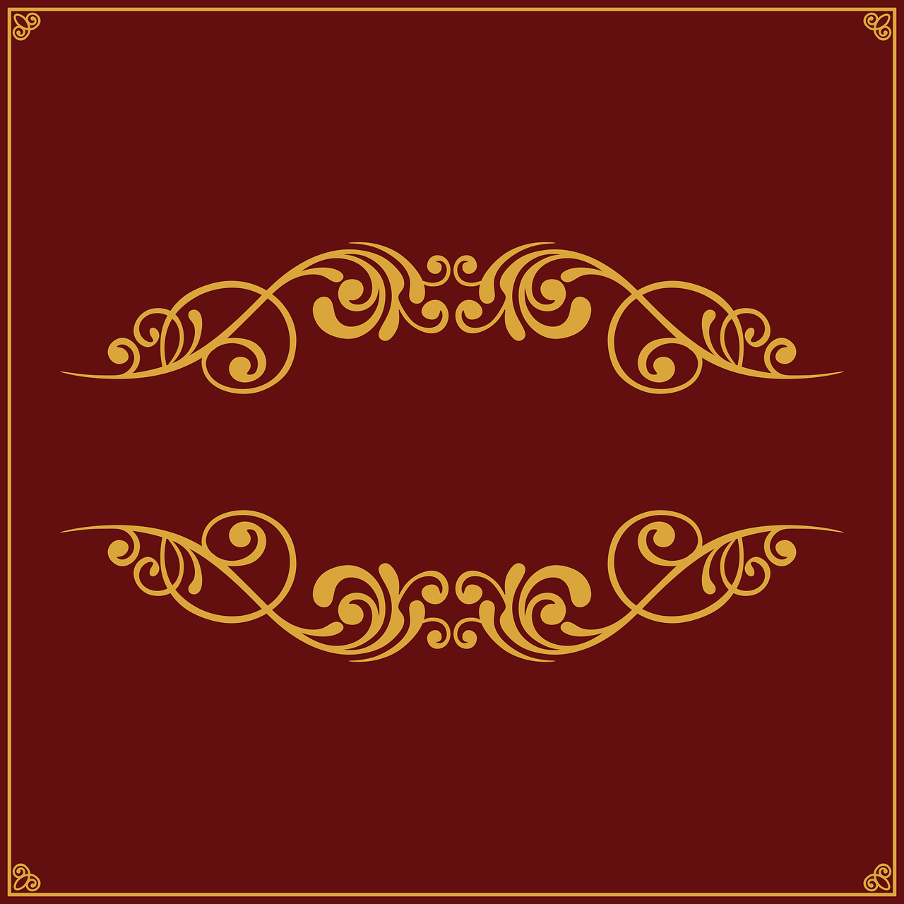 a decorative gold frame on a red background, vector art, art nouveau, exquisite line art, background(solid), two, dark red background
