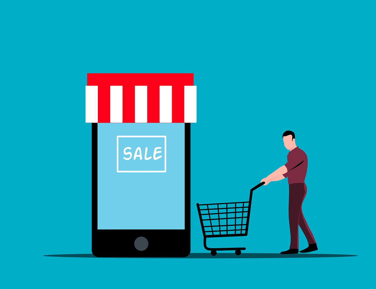 a man pushing a shopping cart next to a phone, an illustration of, sales, digital concept art illustration, image on the store website, with a blue background