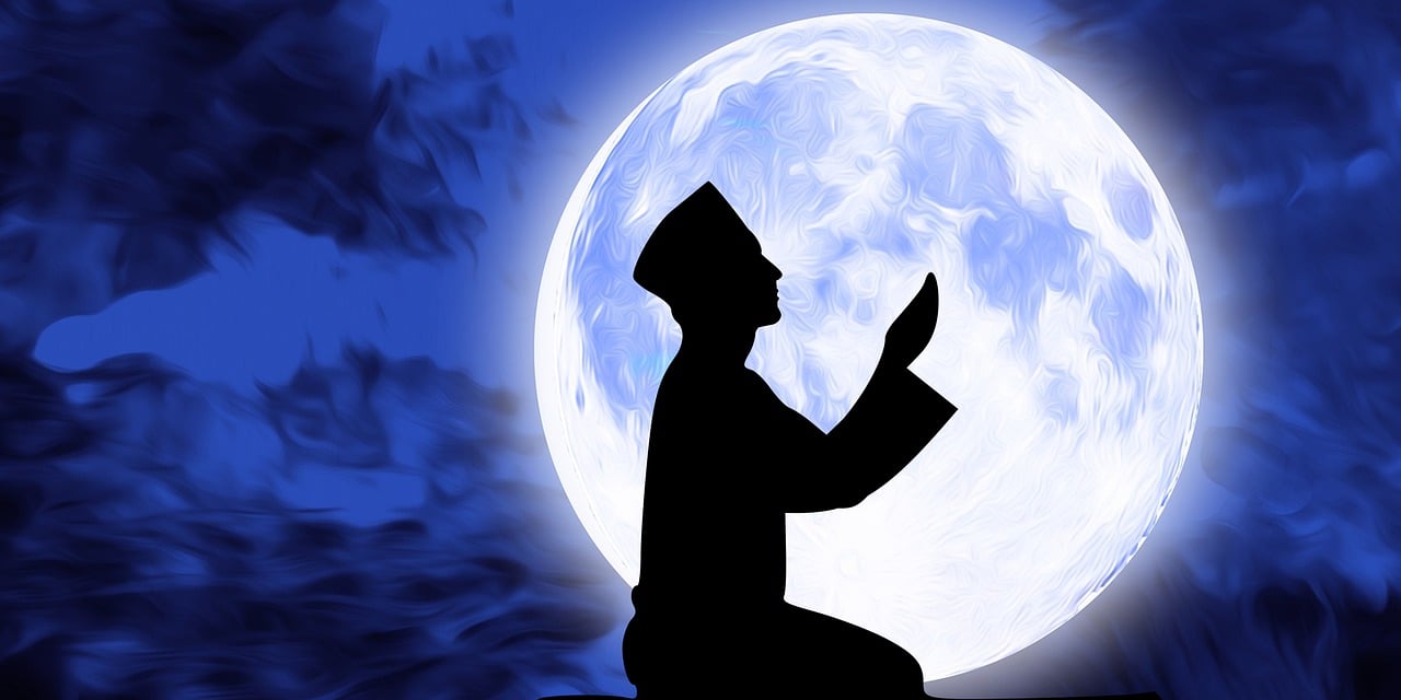 a silhouette of a person kneeling in front of a full moon, a digital rendering, by Kamāl ud-Dīn Behzād, pixabay, hurufiyya, wearing blue robe, sheikh, rice, full body close-up shot